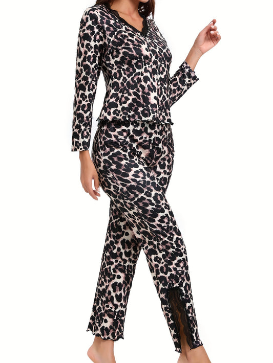 Leopard Print Lounge Set Lace Trim V Neck Top & Pants Women's Loungewear