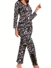 Leopard Print Lounge Set Lace Trim V Neck Top & Pants Women's Loungewear