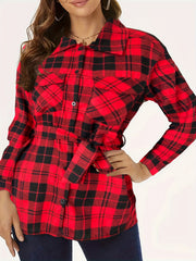  Plaid Print Button Up Long Sleeve Blouse With Belt