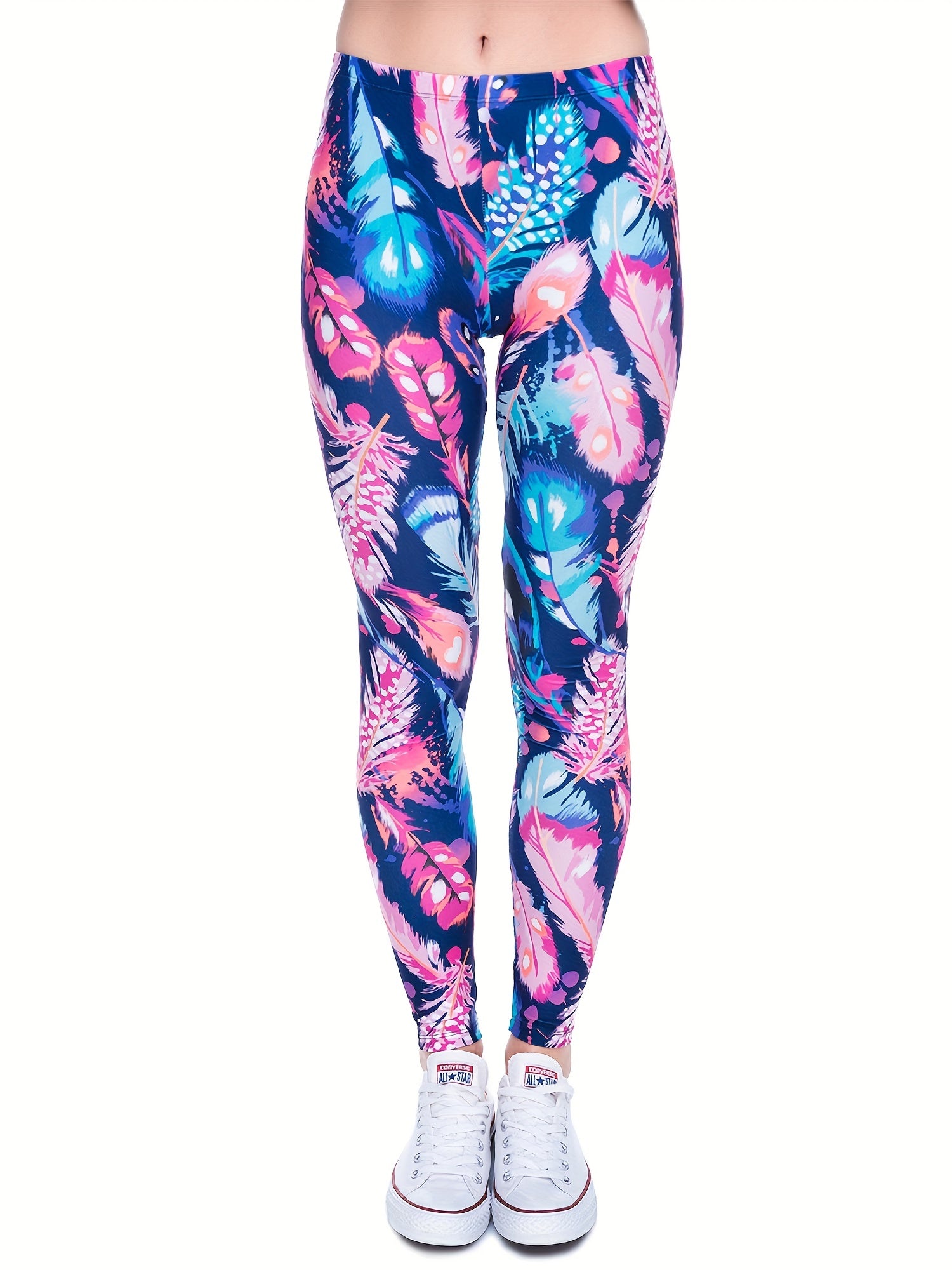 Feather Print Skinny Leggings Stretchy Women's Clothing