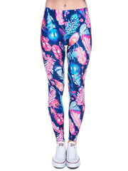 Feather Print Skinny Leggings Stretchy Women's Clothing