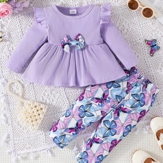 2pcs Girls Bowknot Top Butterfly Print Pants Set