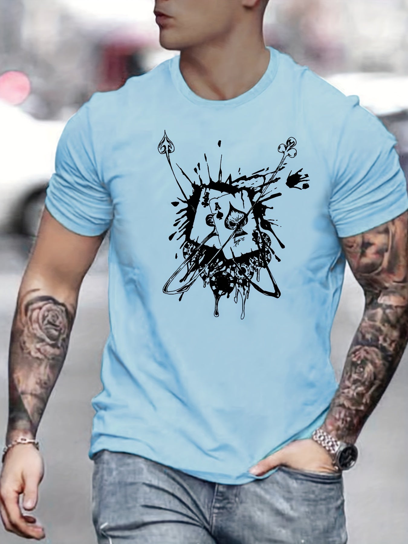 Poker Cards Print Men's Graphic Crew Neck T shirt Casual Comfy Tees