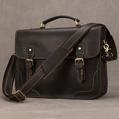 Men's Cowhide Leather Briefcase Flap Laptop Bag Crazy Horse Leather Shoulder Bus