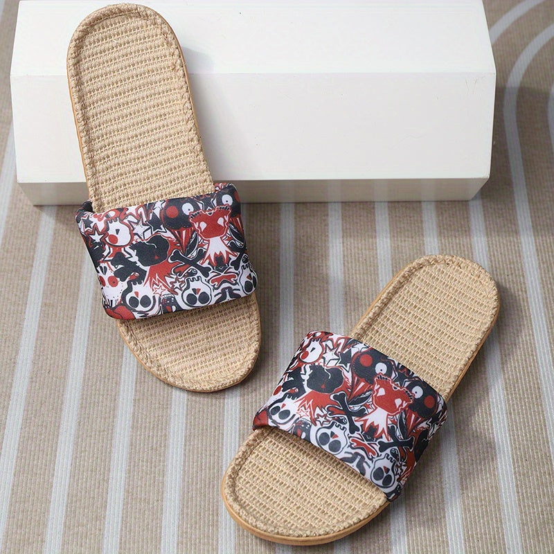 Women's Cartoon Skull Slippers Open Toe Linen Sandals Lightweight Beach Shoes