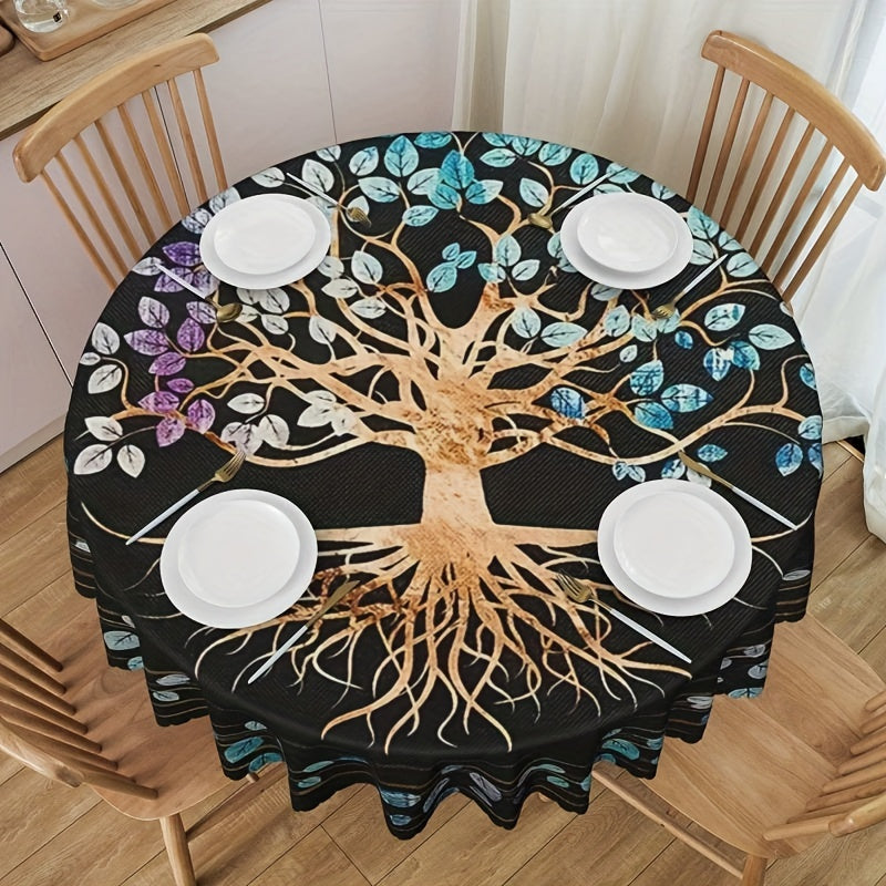 Round Polyster Table Cloth Tree Of Life Pattern Water Repellent Circle Table Cov