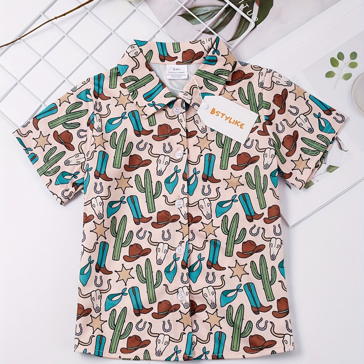 Boys Cactus Bull Head Star Print Shirt Tops Casual For Summer Kids Clothes
