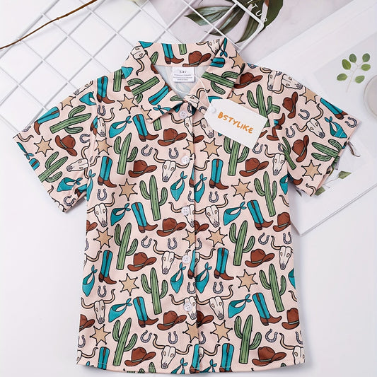 Boys Cactus Bull Head Star Print Shirt Tops Casual For Summer Kids Clothes