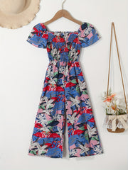 Toddler Girls Flowers Puff Sleeve Rompers Wide Leg Jumpsuits