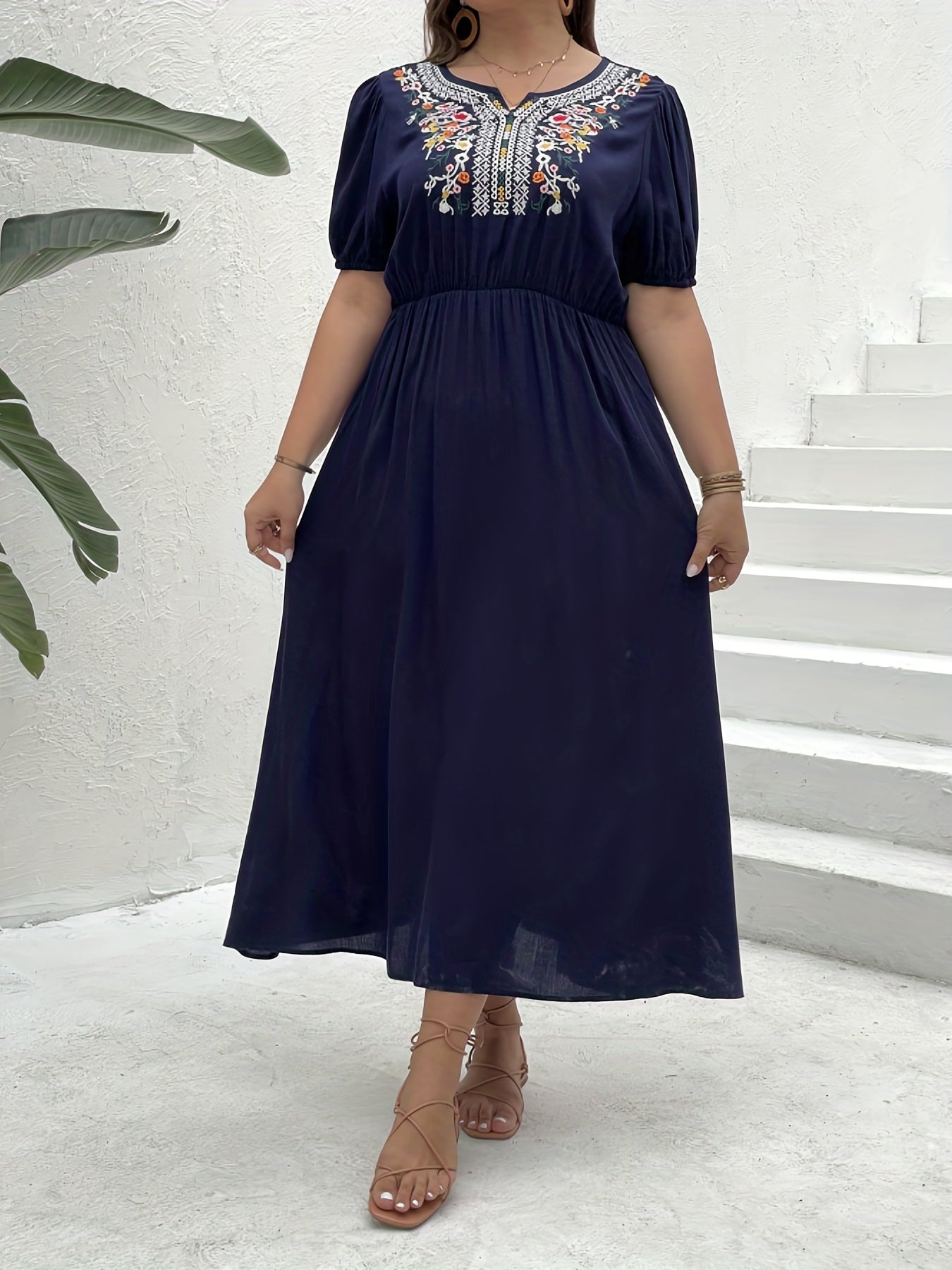 Floral Print Bubble Sleeve Midi Dress