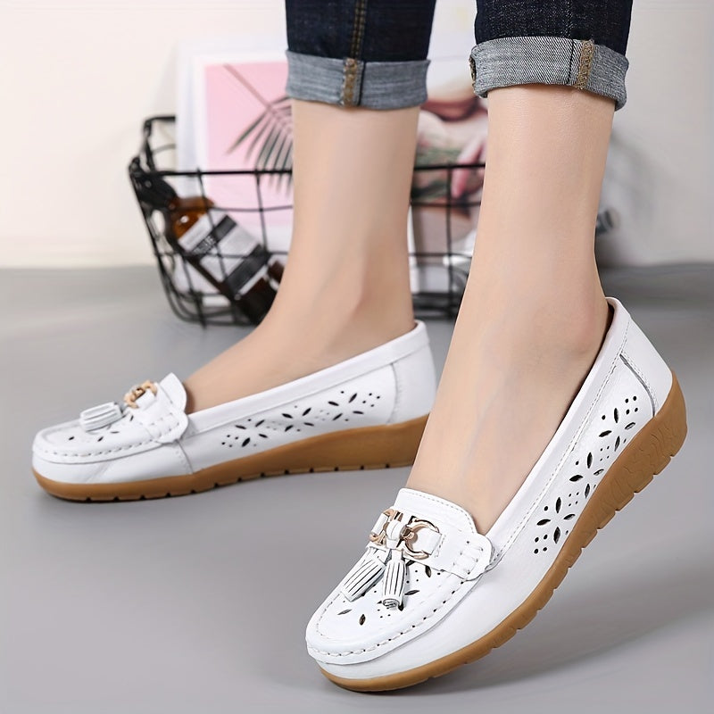 Women's Hollow Out Loafers Breathable Slip On Solid Flat Shoes