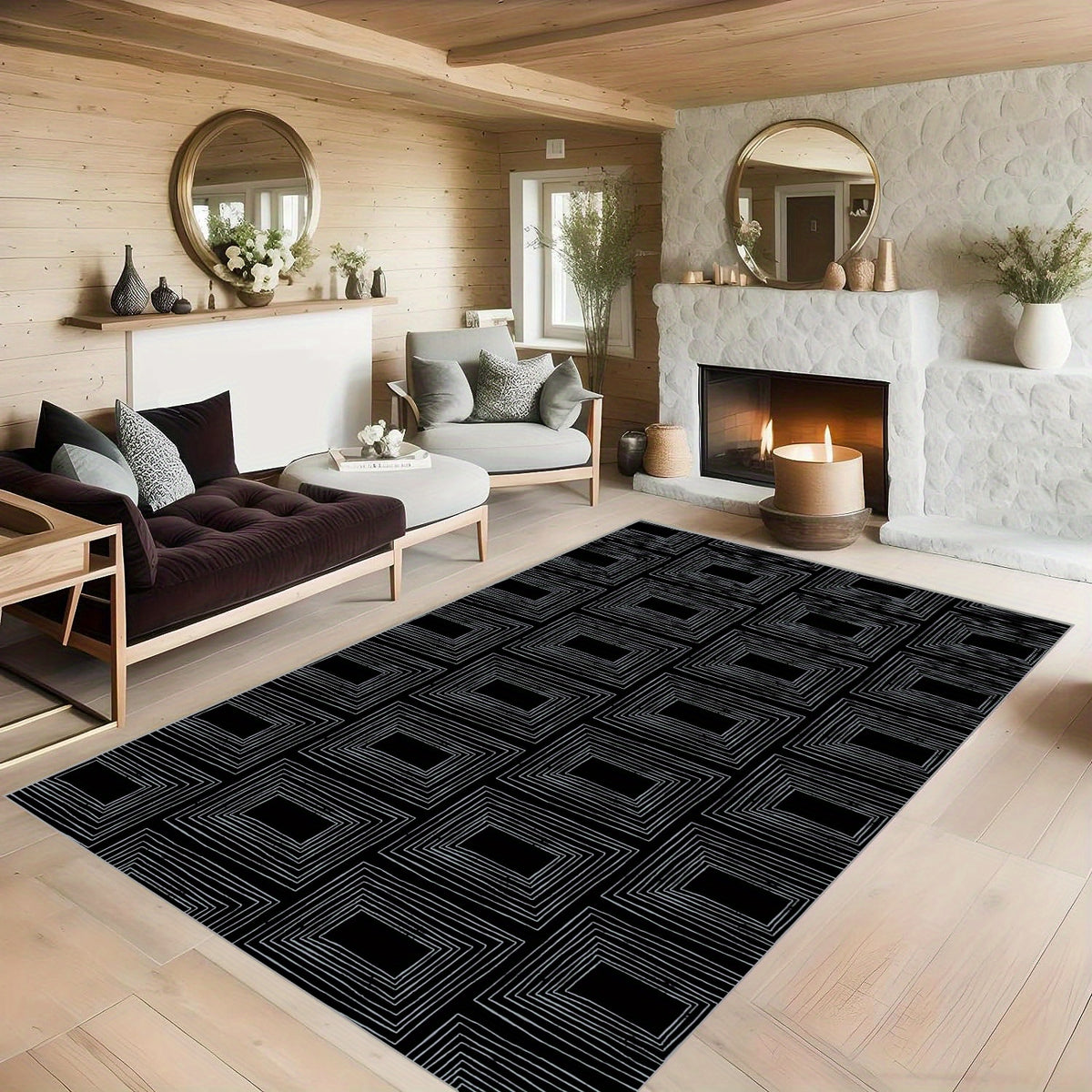 Non Slip Checkered Striped Carpet - Machine Washable Large Carpet for Daily Use