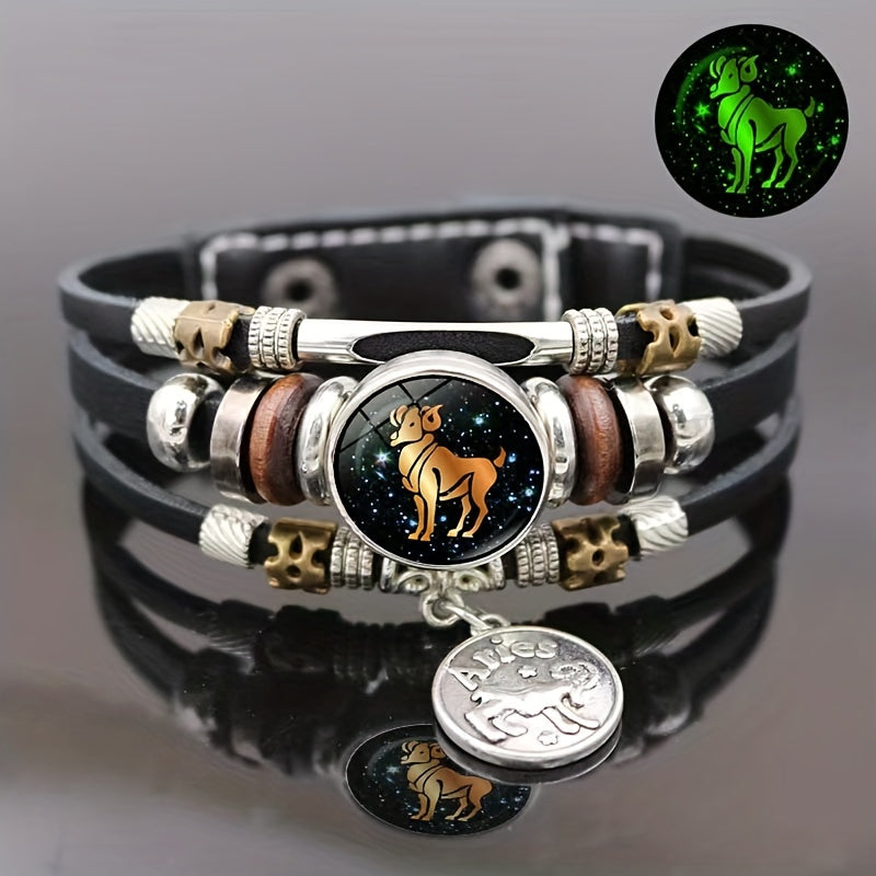 12 Zodiac Luminous Leather Bracelet Multilayer Beaded Hand Jewelry