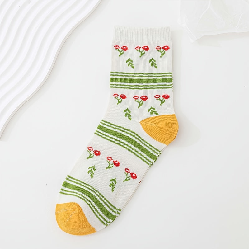 5 Pairs Floral Print Mid Tube Socks Women's Stockings