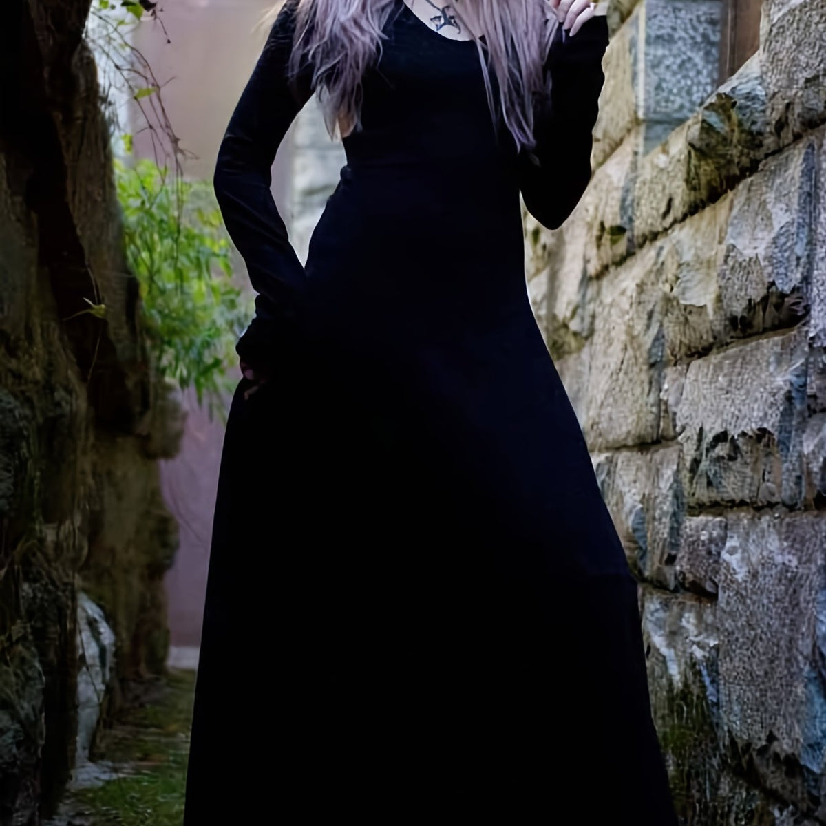  Gothic Dress Women's Solid Long Sleeve Maxi Dress