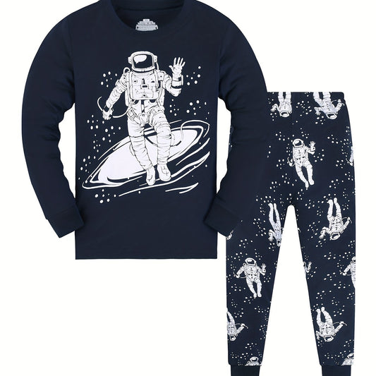 Kid's Astronaut Pattern PJ Set Long Sleeve Top & Pants