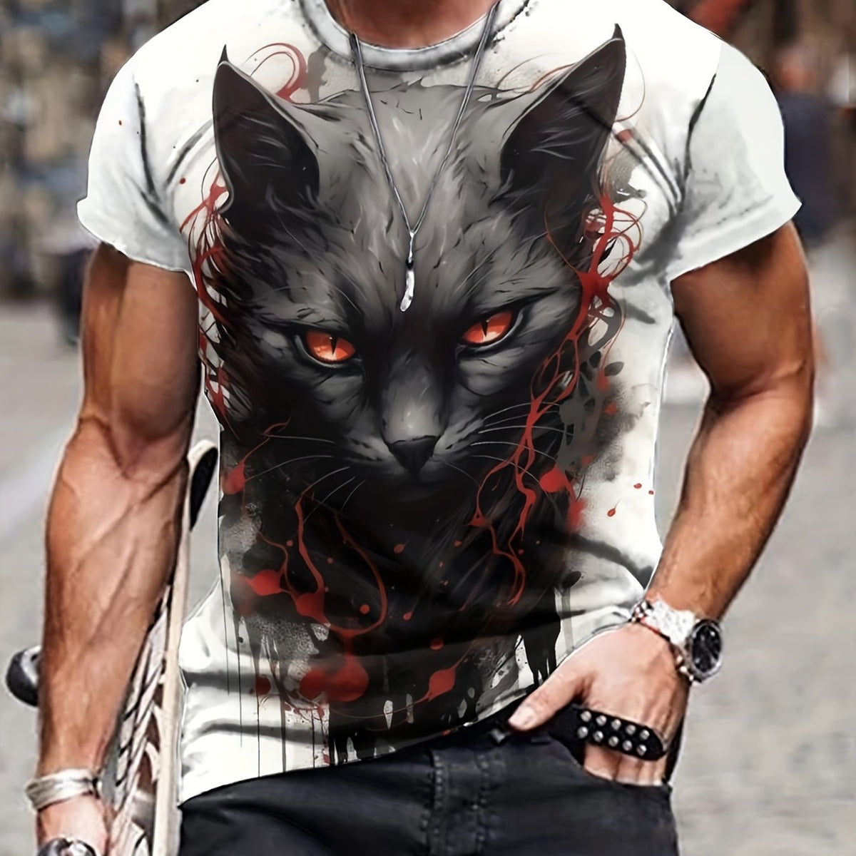 Men's Cat Print T-shirt Comfy Stretch Crew Neck Tee