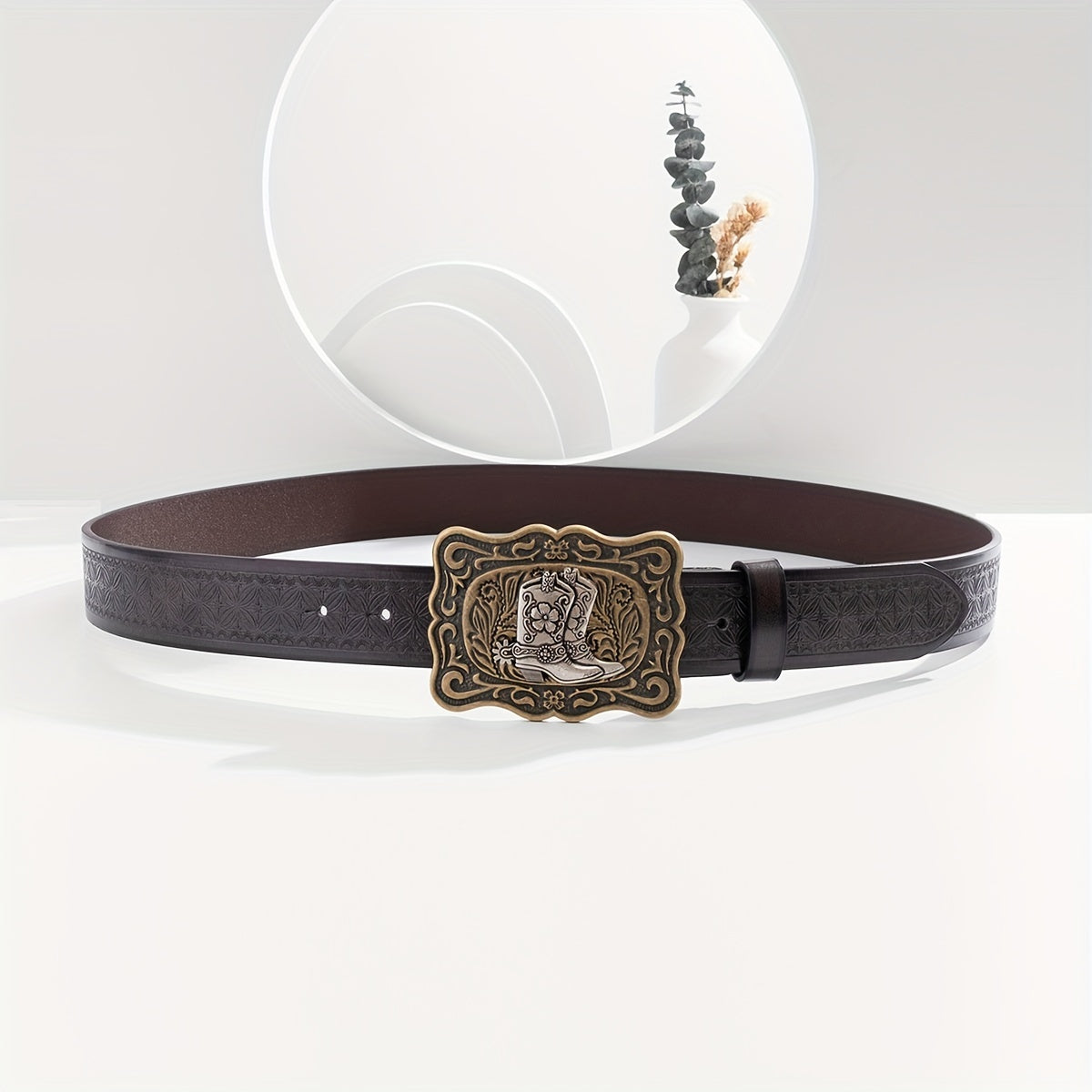 Men's Casual Cowboy Bronze Buckle Embossed Belt