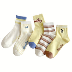 5 Pairs Dog & Letter Print Socks Comfy Cartoon Mid Tube Socks Women's Stockings