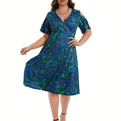 Plus Leaf Print Short Sleeve Cold Shoulder Midi Dress