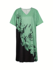  Colorblock Floral Print Short Sleeve V Neck Dress