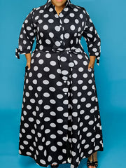  Dot Print Button Up Collar Maxi Dress