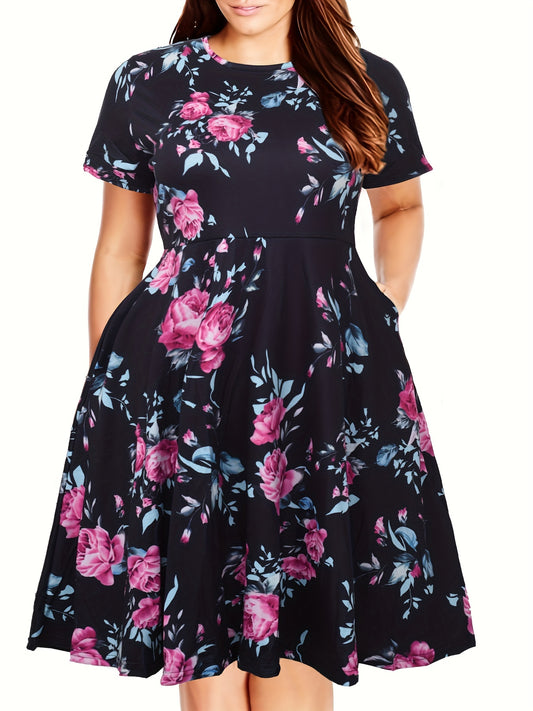  Floral Print Short Sleeve Casual Dress With Pockets