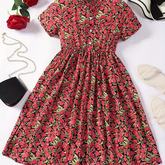 Girls' Floral Button V Neck Short Sleeve Casual Dress