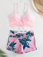 Tropical Print Tankini Set V Neck Drawstring Boxer Short Bottom Swimsuit