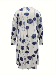Boho Dress Women's Plus Stripe & Dot Print Long Sleeve Round Neck Dress