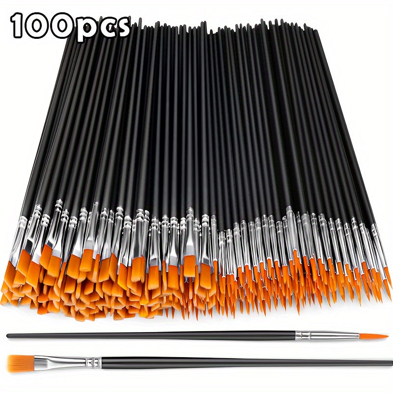 100pc Nylon Paint Brush Set Flat Round Tip Acrylic Watercolor Face Canvas Rock