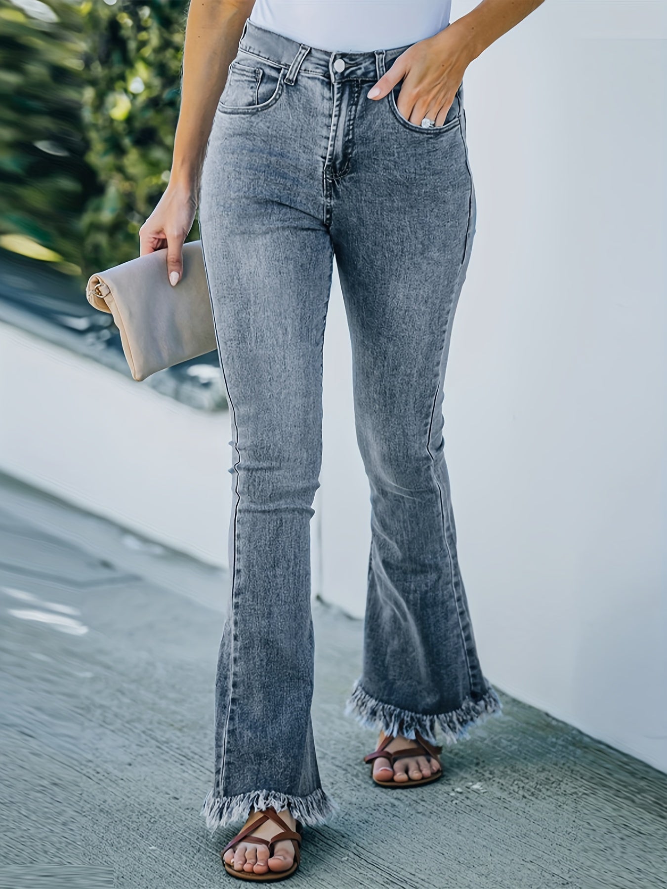  Solid High Rise Fringe Trim Flared Skinny Jeans