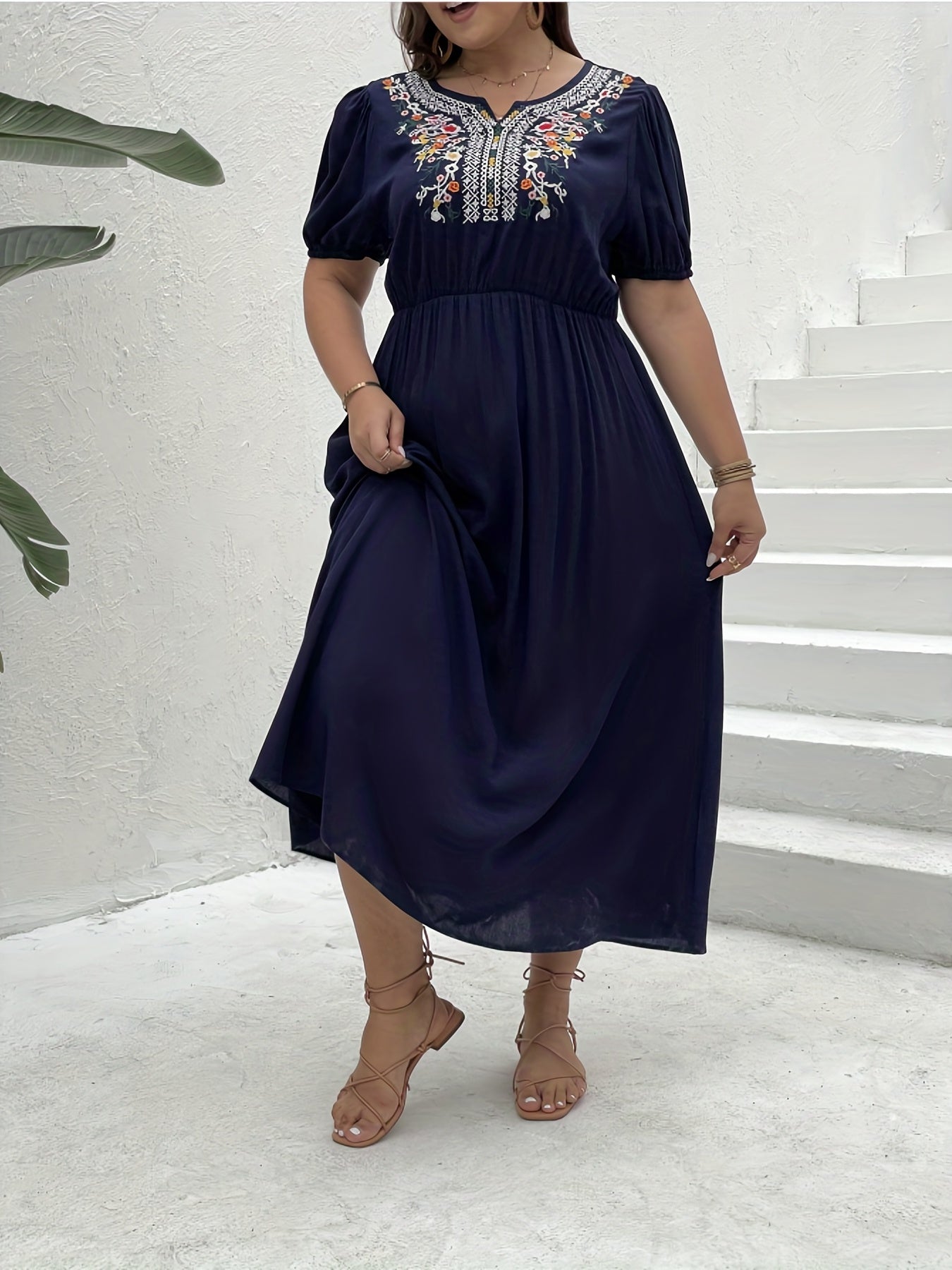 Floral Print Bubble Sleeve Midi Dress