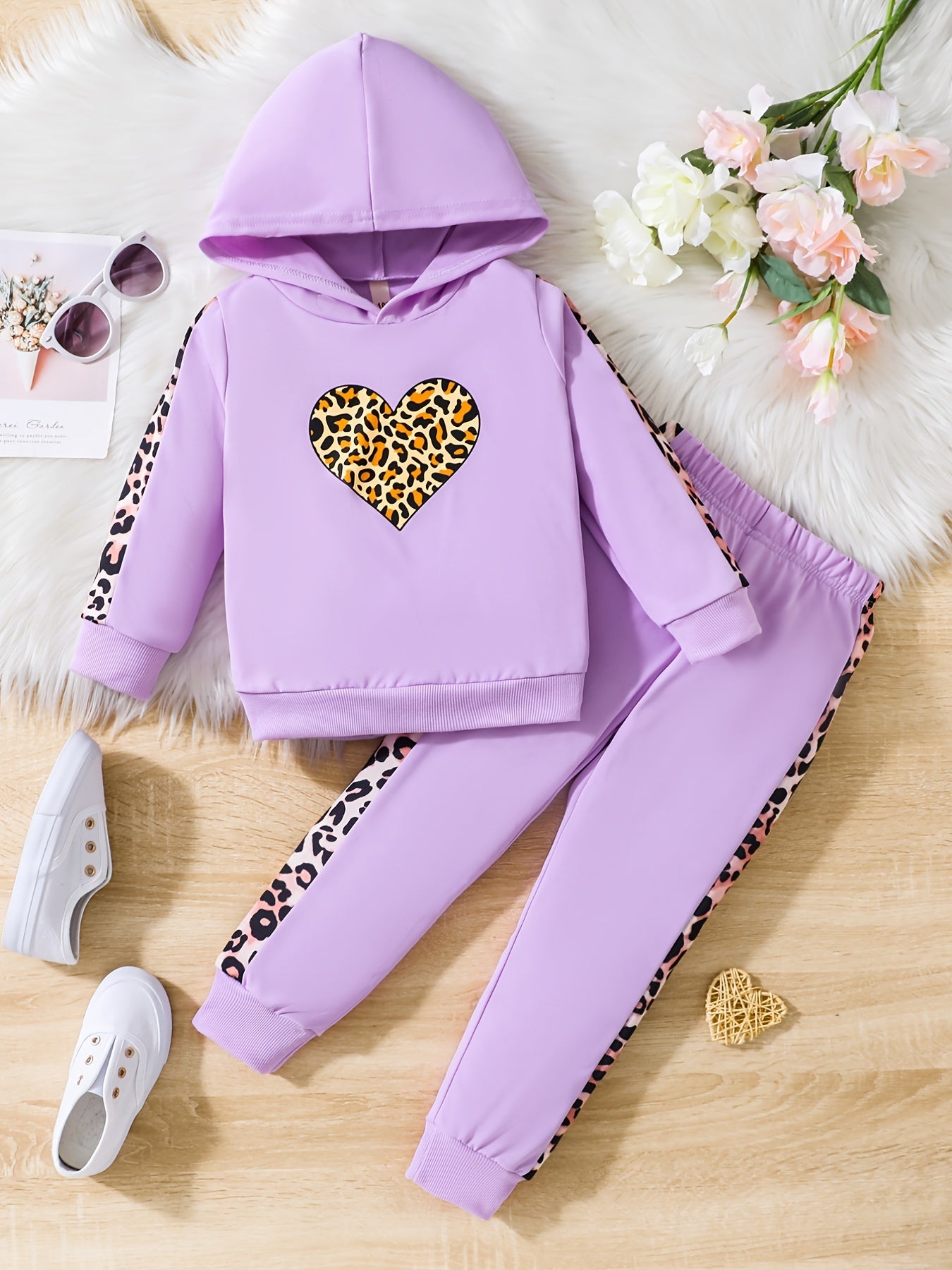 2pcs Girls Leopard print Hoodie And Pants Set