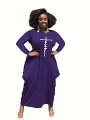 Women's Plus Cross Letter Print Maxi Dress With Pockets
