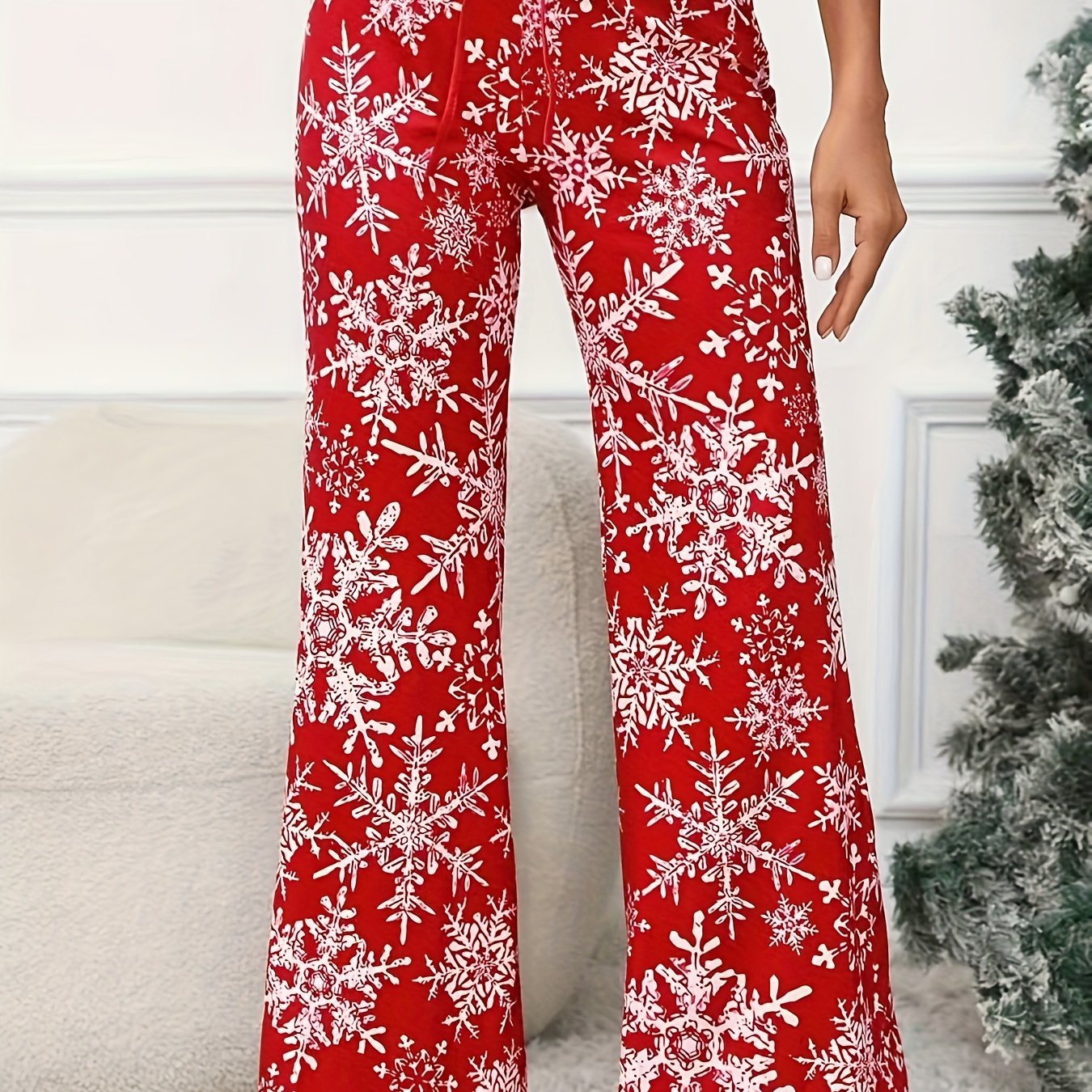  Snowflake Print Drawstring Pants Elastic Trousers
