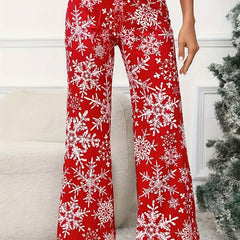  Snowflake Print Drawstring Pants Elastic Trousers