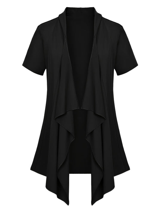 Solid Waterfall Collar Open Front Cardigan Casual Short Sleeve Draped Cardigan