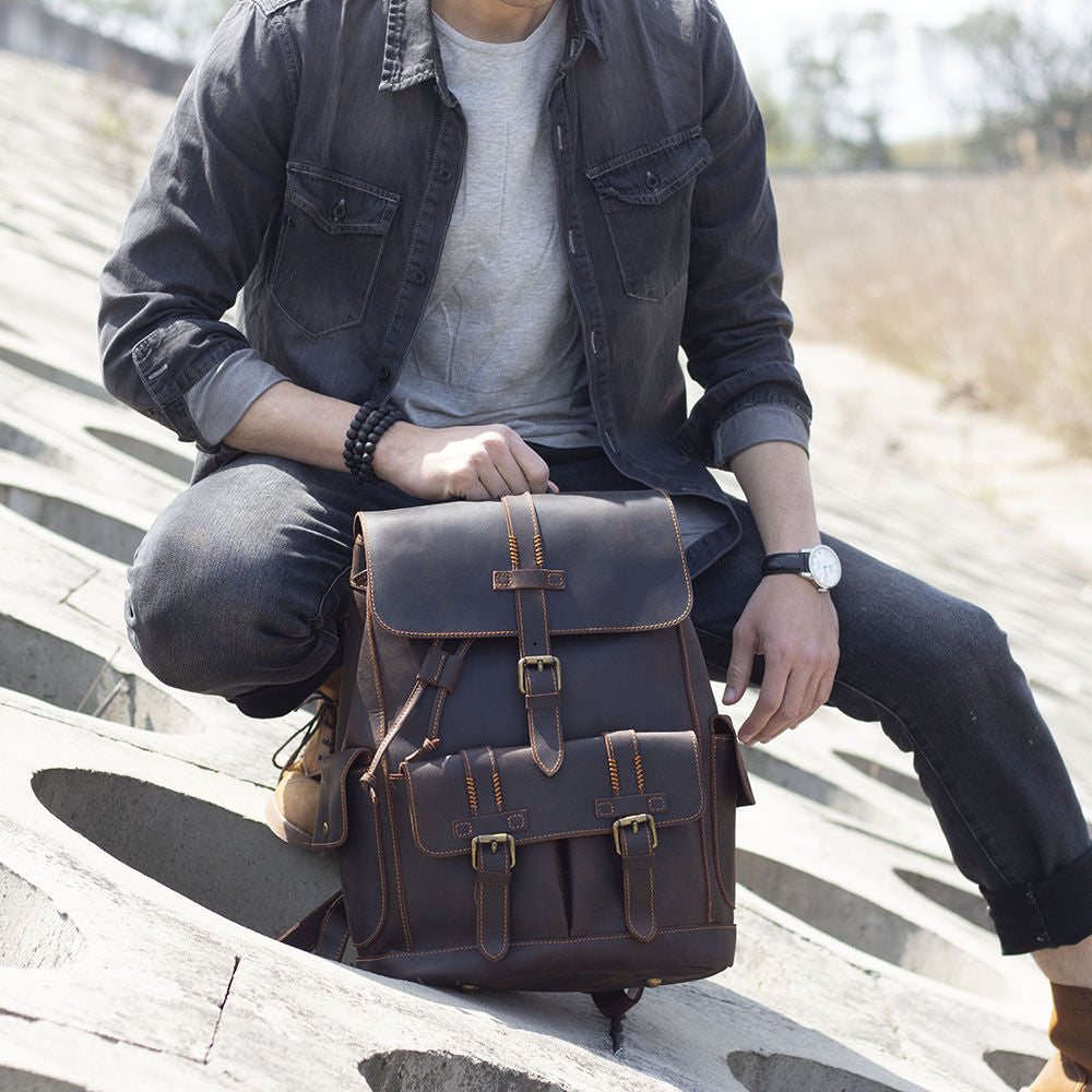 SWORKER Retro Crazy Horse Leather Backpack Men's Large Capacity