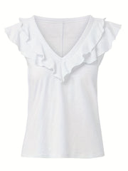  Casual Tank Top Women's Plus Plain Ruffle Trim V Neck