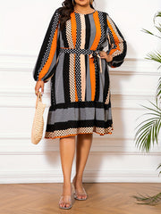 Women's Plus Colorblock Dot & Geometric Print Dress With Lantern Sleeves
