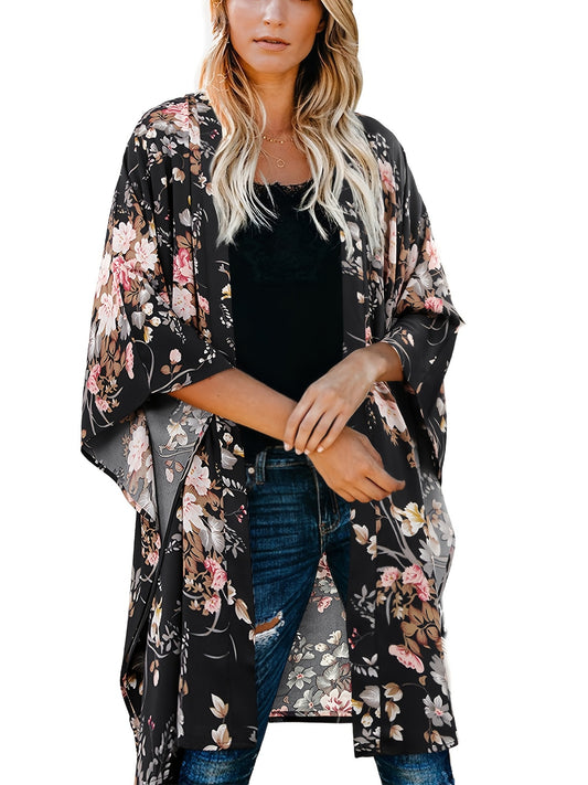 Floral Print Loose Cover Up Cardigan Kimono Sleeve