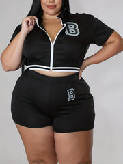 Women's Plus Letter Print Crop Top & Shorts Set