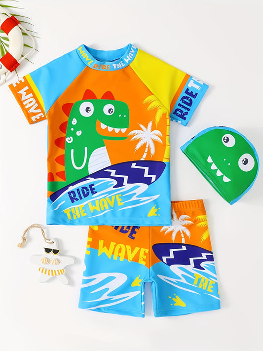 Boys Dinosaur Wave Block Swim Suit Swimming Trunks & Tops & Cap