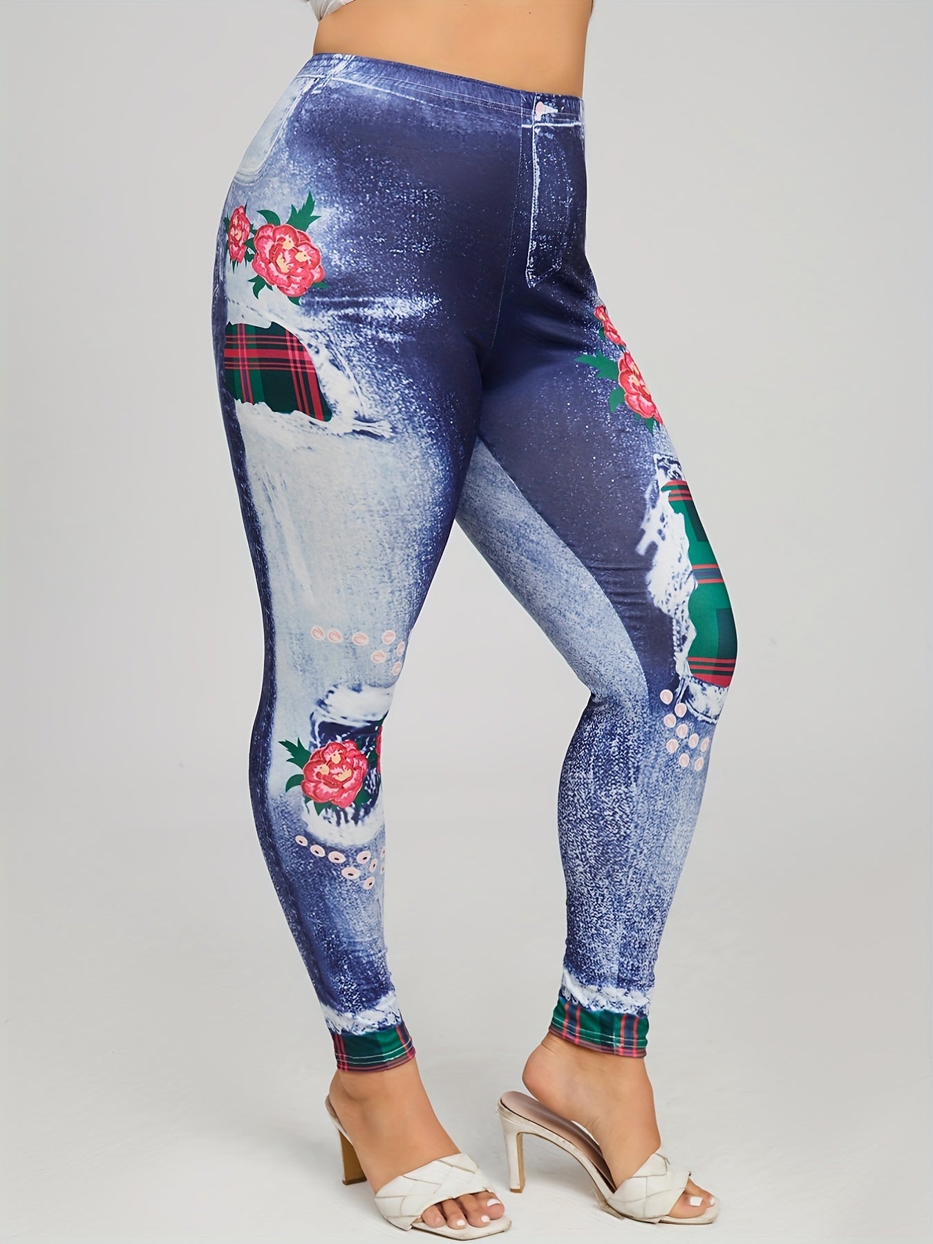  Denim & Plaid Print Skinny Leggings