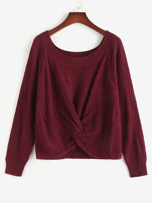  Twist Front Round Neck Long Sleeve Sweater