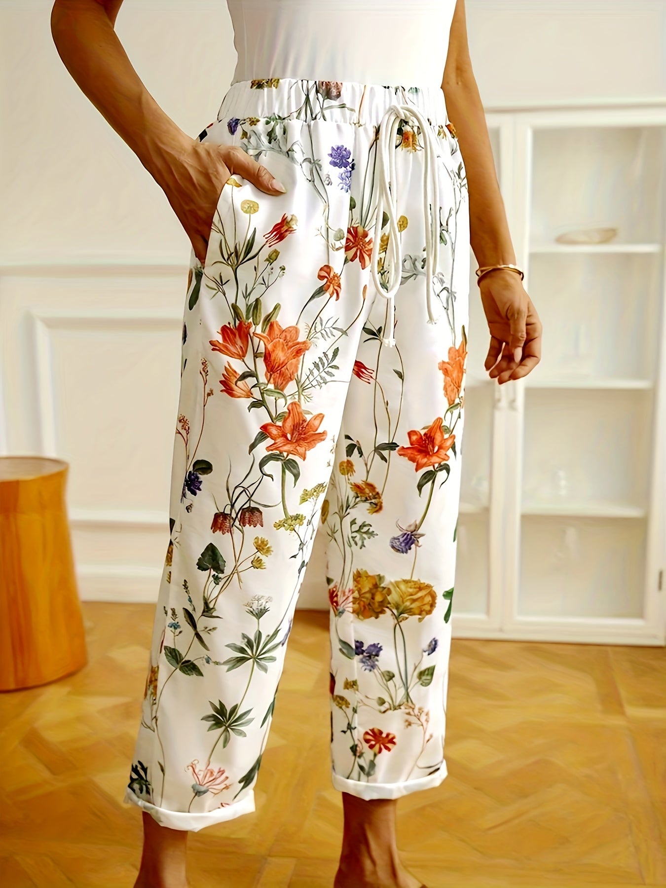 Floral Print Plus Size Straight Leg Pants with Pockets