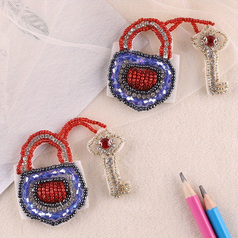 2pcs Bead Lock Key Embroidery Patches DIY No Back Glue Hand Sewing Cloth Sticker