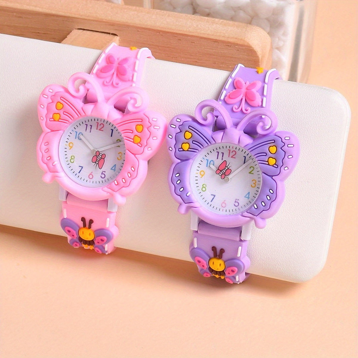 2pcs 3D Butterfly Pony Strap Quartz Watch Small Wristwatch