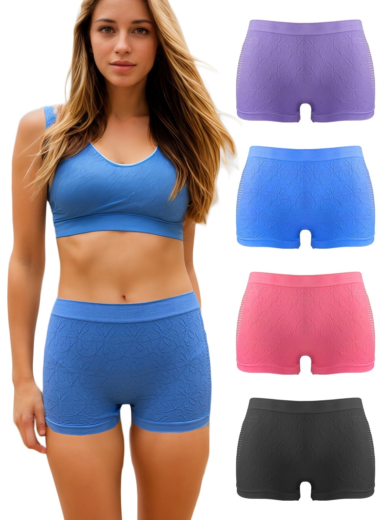 4pcs Floral Textured Boyshort Panties Soft & Comfortable Women's Lingerie